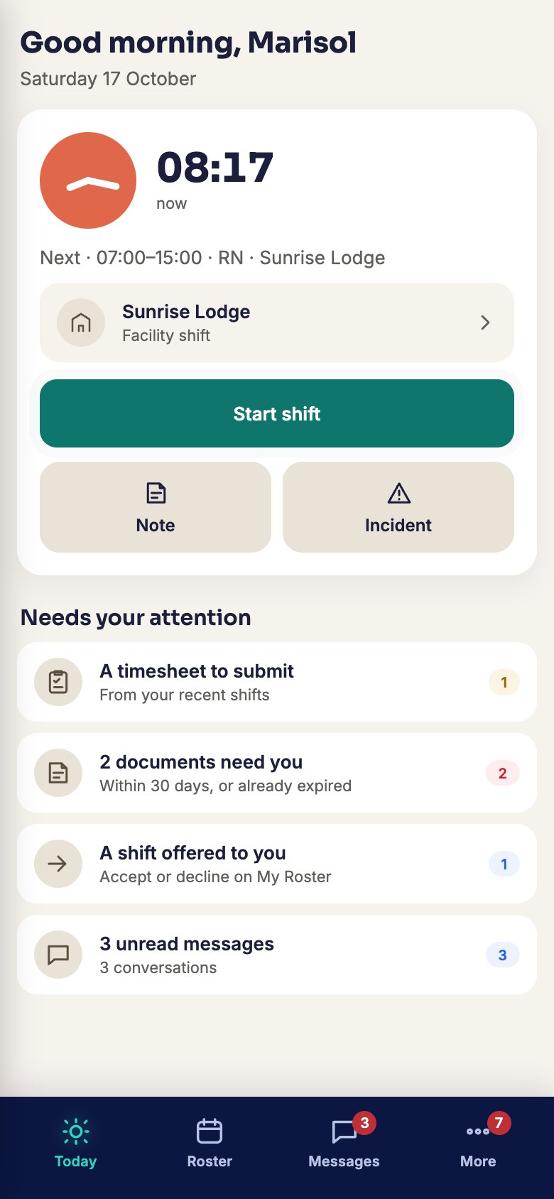 A staff member's day on their phone: the shift they are next on, where it is, and a button to start it