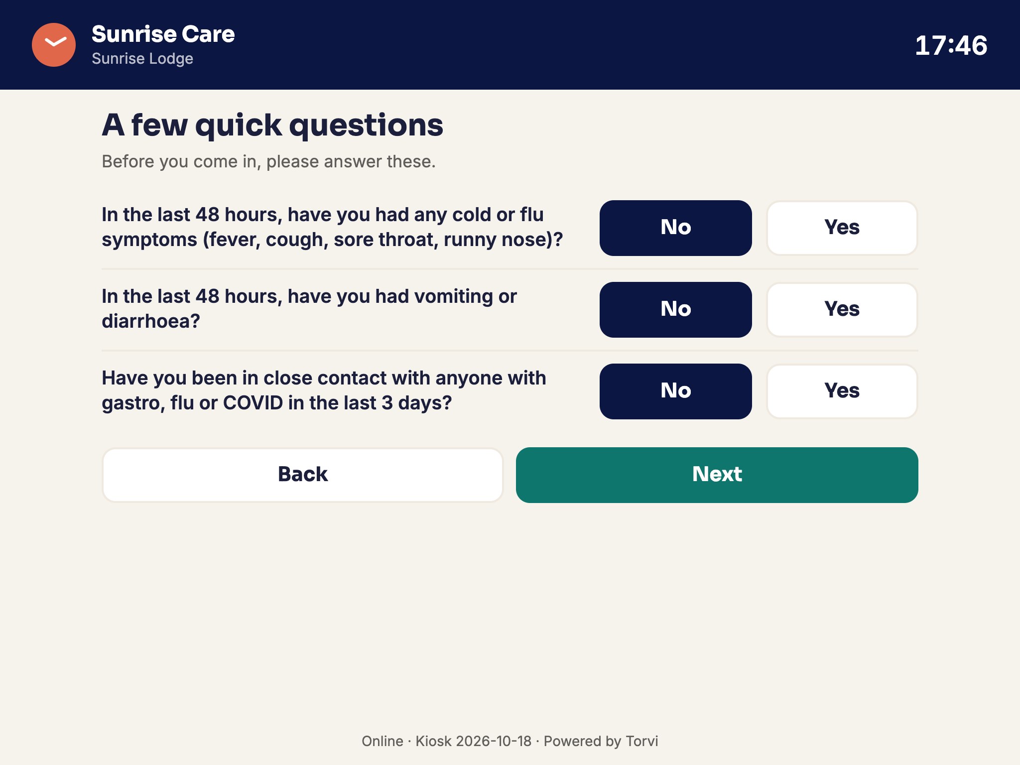 The screening questions this organisation chose, asked on the way in