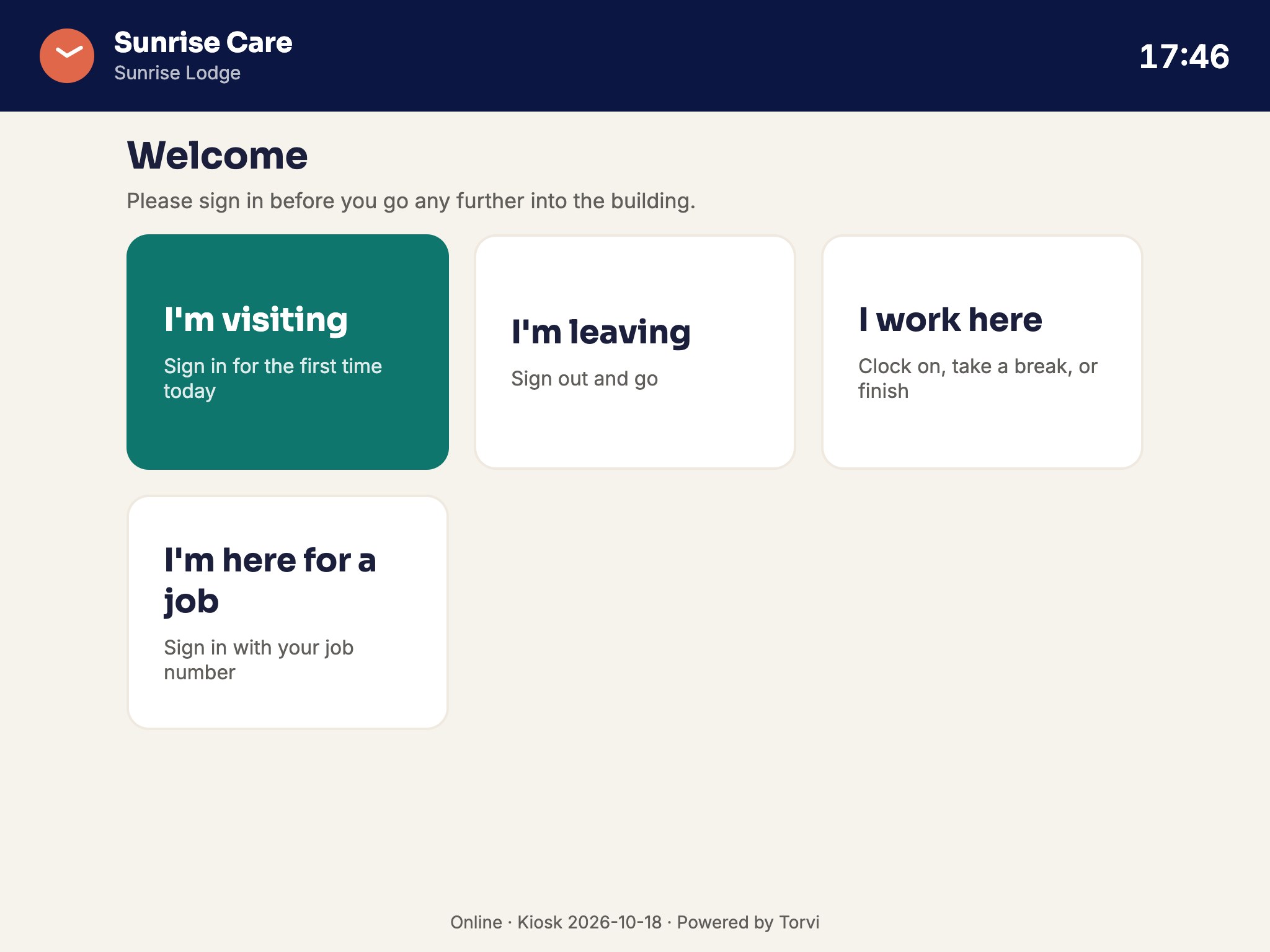 The tablet in the foyer: visitors in and out, staff clocking on, and contractors signing themselves in