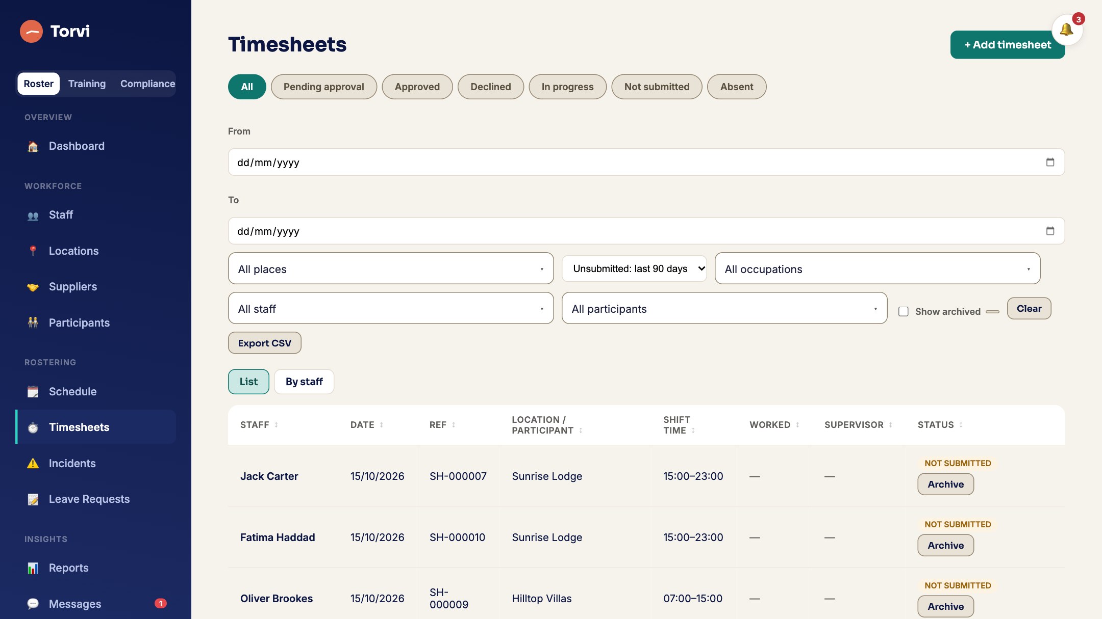 Timesheets waiting to be approved